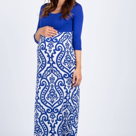 PinkBlush Royal Blue Damask Maternity Maxi Dress - Picture 2 of 6